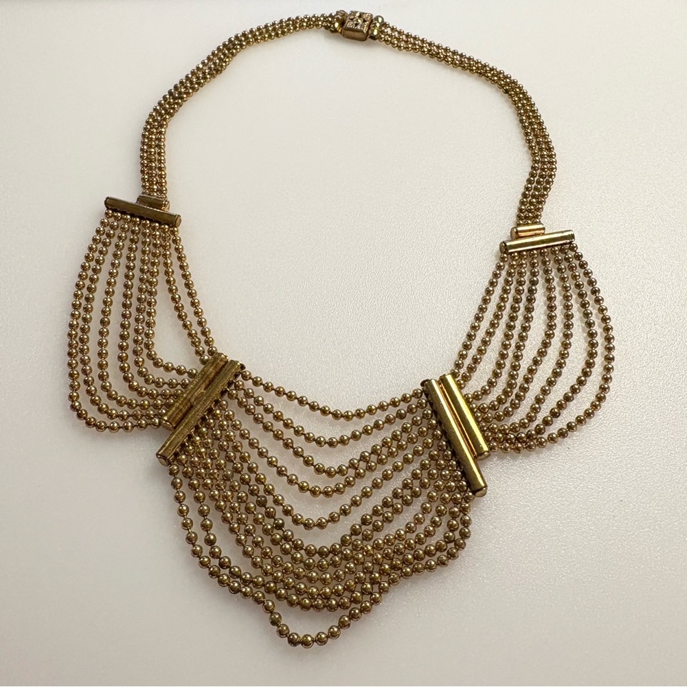 Vintage 1930s Art Deco Gold Tone Brass Ball Chain Multi Strand Swag Necklace